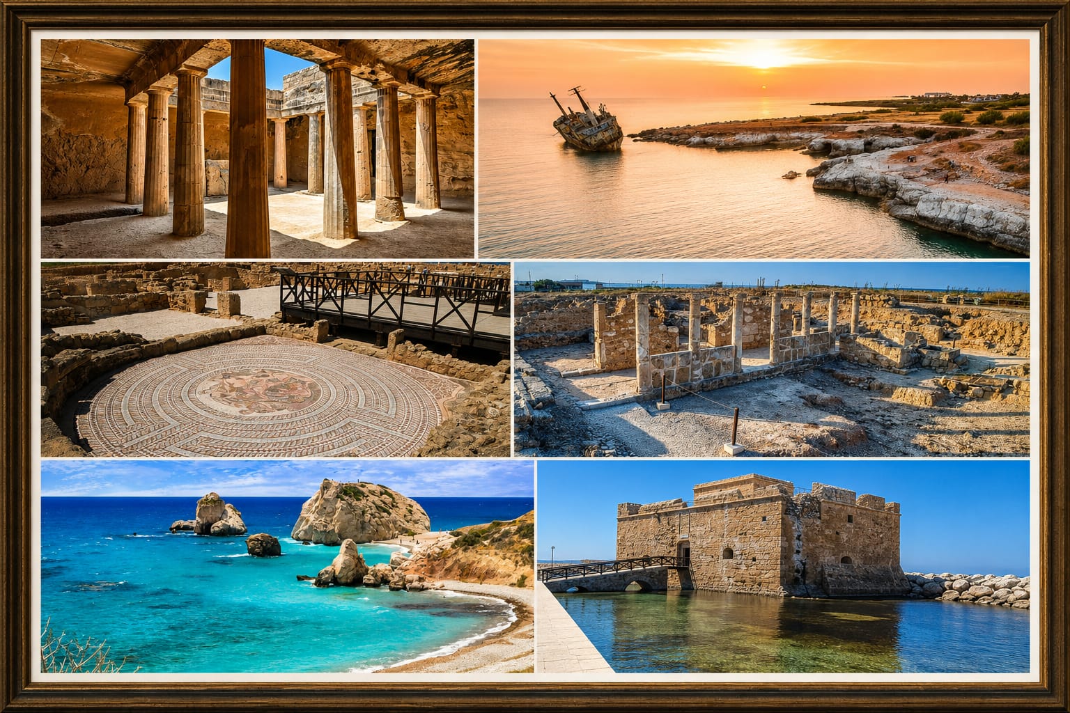 Paphos collage: ancient ruins, mosaics, the medieval castle, Aphrodite's Rock and a seaside sunset